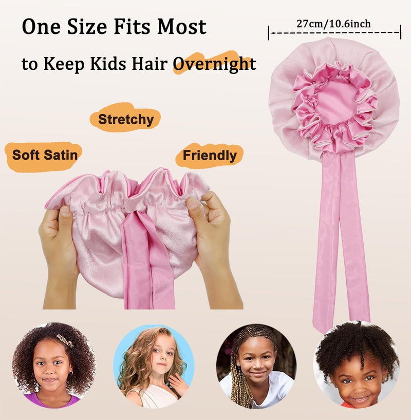 brcok Kids Bonnet for Girls,Silk Satin Bonnets for Kids,Double Layer Tie Band Adjustable Sleep Cap for Child Curly Hair (US, Alpha, Medium, Large, Kids Violet&Pink) - Image 2