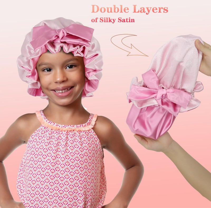 brcok Kids Bonnet for Girls,Silk Satin Bonnets for Kids,Double Layer Tie Band Adjustable Sleep Cap for Child Curly Hair (US, Alpha, Medium, Large, Kids Violet&Pink) - Image 4