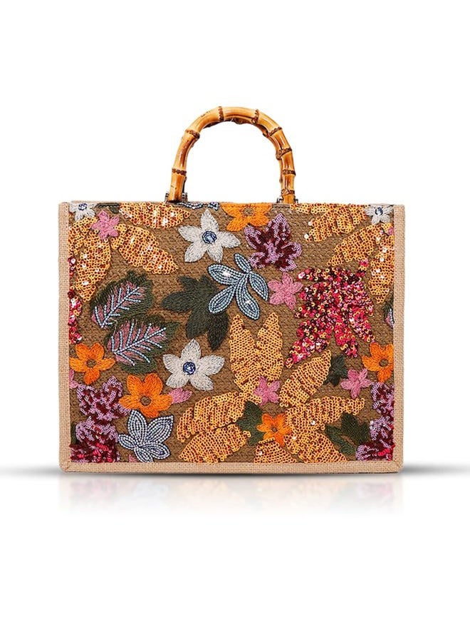 QTKJ Tote Bag for Women, Beach Bag, Sequin Embroidery Straw Bag, Hand-Woven Bamboo Handle, Bohemian Handbag Large Capacity Shoulder Bag Suitable for Vacation Travel Daily, Khaki - Image 1