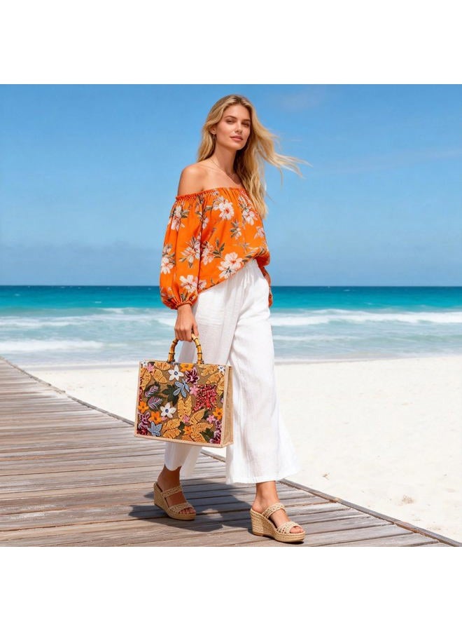 QTKJ Tote Bag for Women, Beach Bag, Sequin Embroidery Straw Bag, Hand-Woven Bamboo Handle, Bohemian Handbag Large Capacity Shoulder Bag Suitable for Vacation Travel Daily, Khaki - Image 3