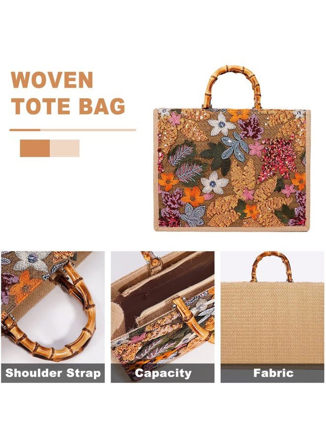 QTKJ Tote Bag for Women, Beach Bag, Sequin Embroidery Straw Bag, Hand-Woven Bamboo Handle, Bohemian Handbag Large Capacity Shoulder Bag Suitable for Vacation Travel Daily, Khaki - Image 5