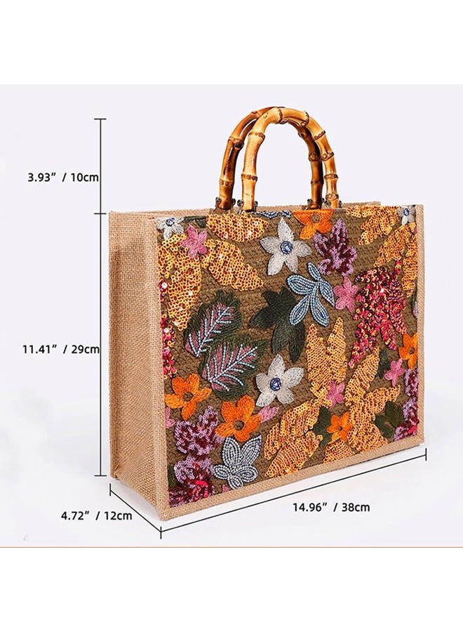 QTKJ Tote Bag for Women, Beach Bag, Sequin Embroidery Straw Bag, Hand-Woven Bamboo Handle, Bohemian Handbag Large Capacity Shoulder Bag Suitable for Vacation Travel Daily, Khaki - Image 4