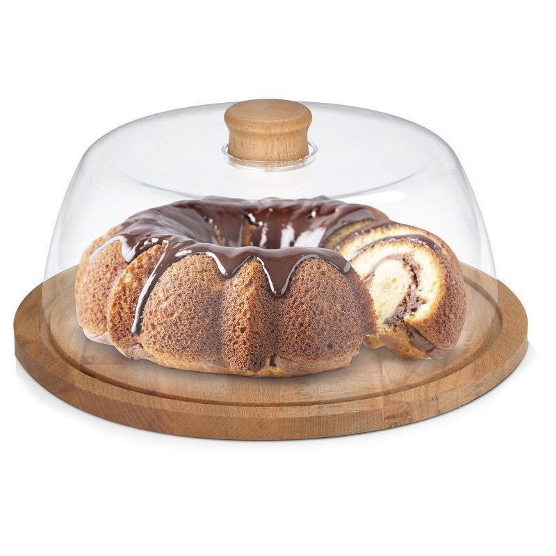 Acrylic Cake Cover with Wooden Handle - Natural Oak Wood Base - Image 1