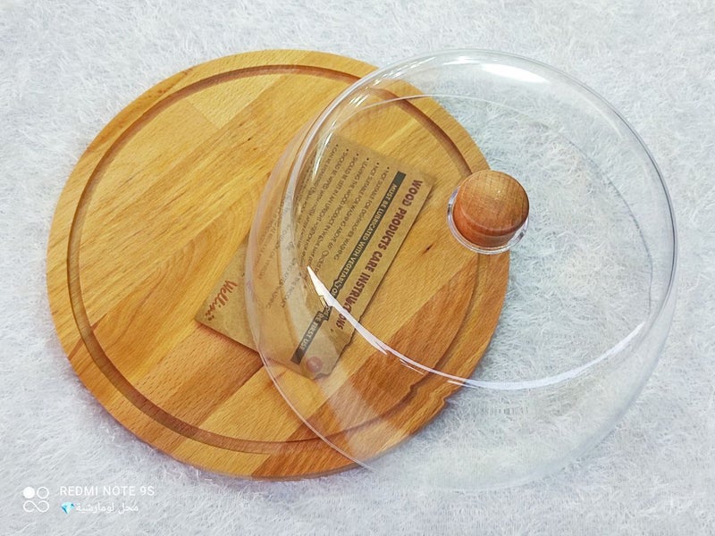 Acrylic Cake Cover with Wooden Handle - Natural Oak Wood Base - Image 2