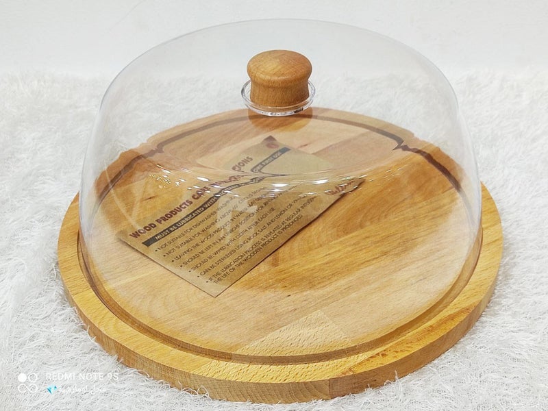 Acrylic Cake Cover with Wooden Handle - Natural Oak Wood Base - Image 3
