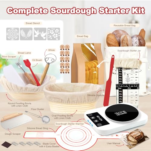 YONILL Sourdough Starter Kit with Warmer Glass Jar and Banneton Bread Proofing Basket Complete Sourdough Bread Baking Supplies Sour Dough Making Essentials Tools Gift for Bakers Beiginner Women Wife Mom - Image 3