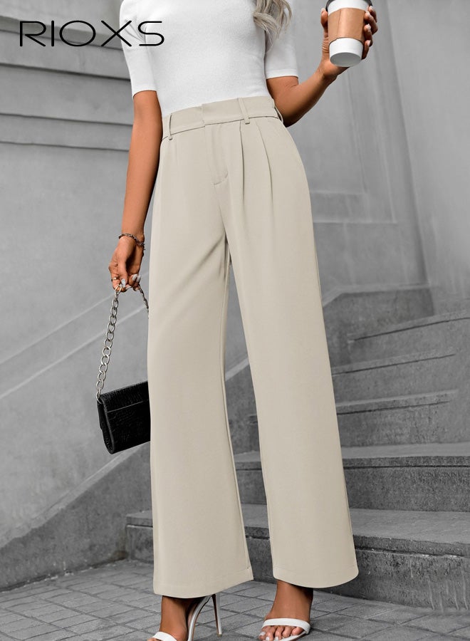 RIOXS ​​Women's High Waist Wide Leg Pants, Beige Polyester Office Casual Trousers, Relaxed Fit Straight Leg Dress Pants, Flowy Elastic Waist Work Pants for Women, Breathable Professional Wide-Leg Trousers with Pockets, Spring Summer Essential Wardrobe​ - Image 1