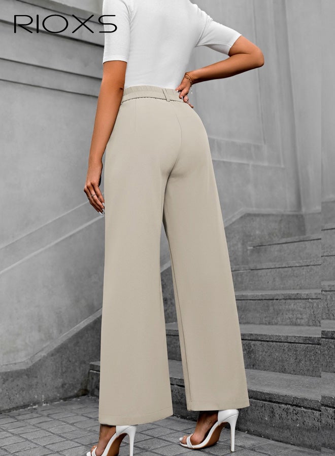 RIOXS ​​Women's High Waist Wide Leg Pants, Beige Polyester Office Casual Trousers, Relaxed Fit Straight Leg Dress Pants, Flowy Elastic Waist Work Pants for Women, Breathable Professional Wide-Leg Trousers with Pockets, Spring Summer Essential Wardrobe​ - Image 4