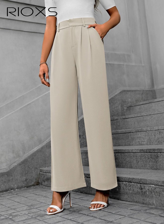 RIOXS ​​Women's High Waist Wide Leg Pants, Beige Polyester Office Casual Trousers, Relaxed Fit Straight Leg Dress Pants, Flowy Elastic Waist Work Pants for Women, Breathable Professional Wide-Leg Trousers with Pockets, Spring Summer Essential Wardrobe​ - Image 3