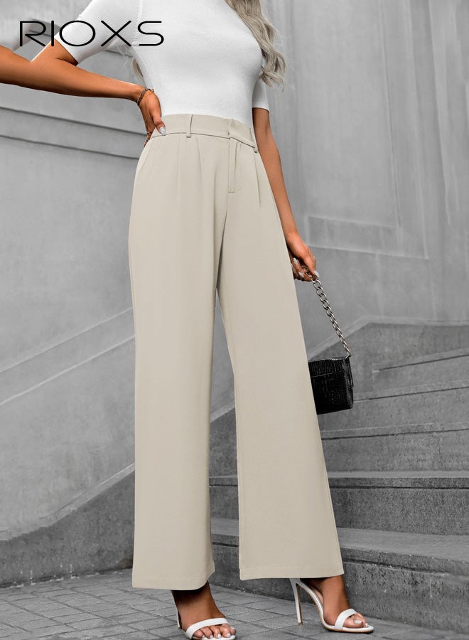 RIOXS ​​Women's High Waist Wide Leg Pants, Beige Polyester Office Casual Trousers, Relaxed Fit Straight Leg Dress Pants, Flowy Elastic Waist Work Pants for Women, Breathable Professional Wide-Leg Trousers with Pockets, Spring Summer Essential Wardrobe​ - Image 2