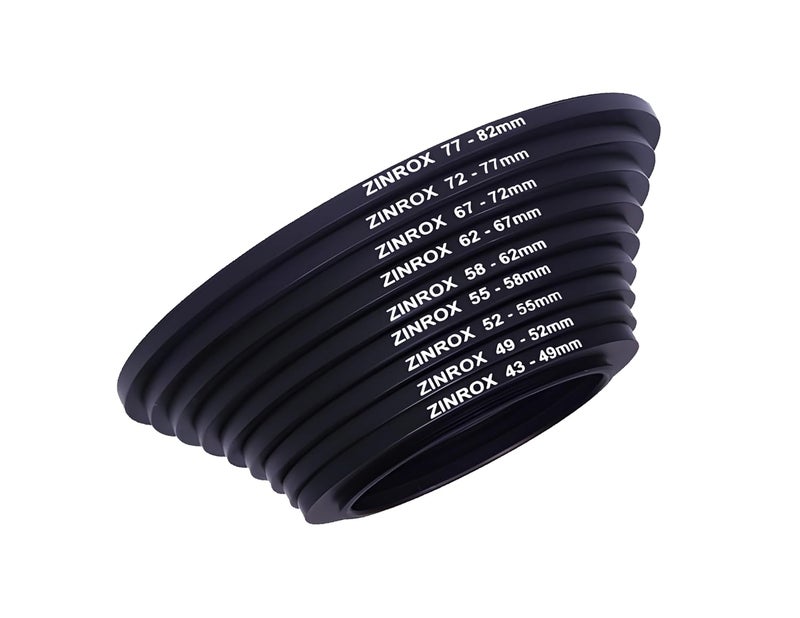 ZINROX® 43mm to 82mm Stepping Up Lens Filter Adapter Rings, 9 Pieces Set, Sizes: 43-49mm, 49-52mm, 52-55mm, 55-58mm, 58-62mm, 62-67mm, 67-72mm, 72-77mm, and 77-82mm Step Up Rings - Image 1