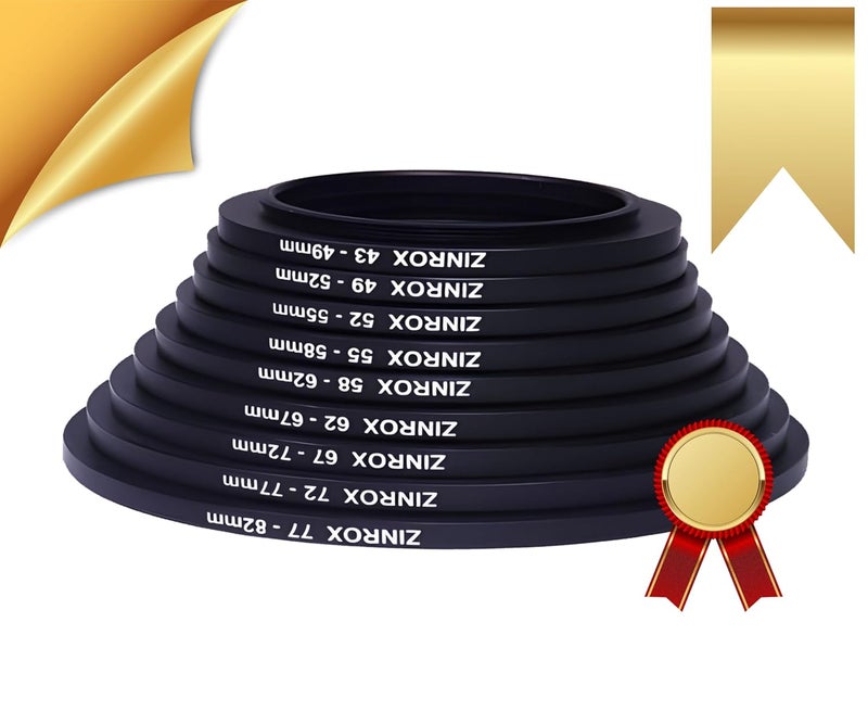 ZINROX® 43mm to 82mm Stepping Up Lens Filter Adapter Rings, 9 Pieces Set, Sizes: 43-49mm, 49-52mm, 52-55mm, 55-58mm, 58-62mm, 62-67mm, 67-72mm, 72-77mm, and 77-82mm Step Up Rings - Image 3