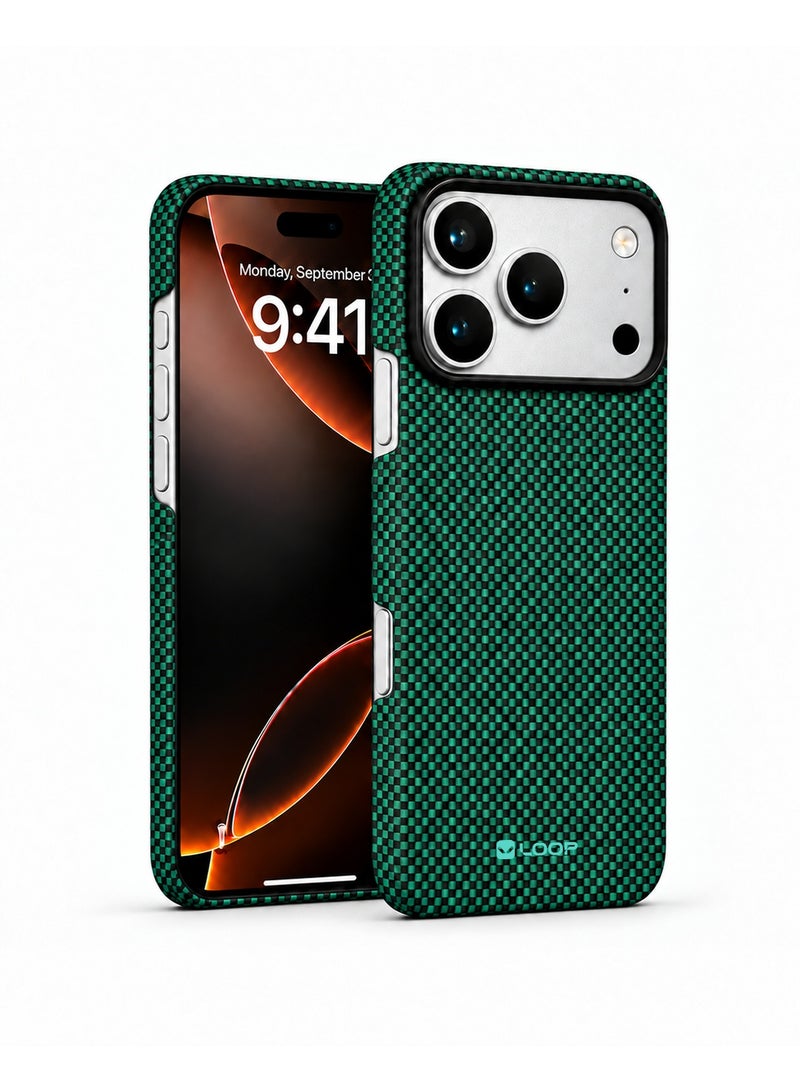 لووب جراب LOOP من مادة الكيفلار لهاتف iPhone 18 Pro Max، غطاء فائق النحافة من ألياف الأراميد، لمسة نهائية متينة ومحكمة، قبضة مانعة للانزلاق، حافة بارزة لحماية الكاميرا، لون أخضر. - Image 1