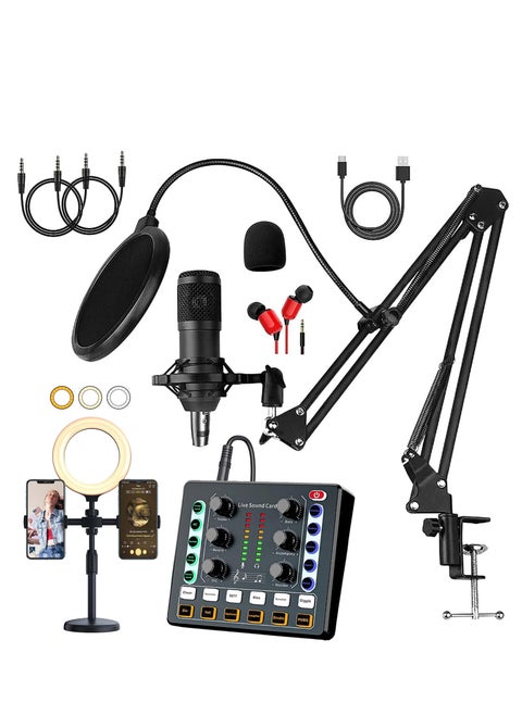 Podcast Equipment Bundle with Ring Light and Phone Holder , BM-800 Recording Studio Package with Voice Changer, Live Sound Card,Audio Interface for Laptop Computer Vlog Living Broadcast Live Streaming