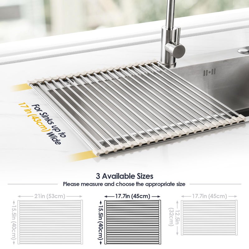 Tomorotec 17.7" x 15.5" Roll Up Dish Drying Rack Over Sink Drying Rack Sink Cover Kitchen Sink Accessories Gadget Multipurpose Organizer Foldable Stainless Steel Drainer - Image 4