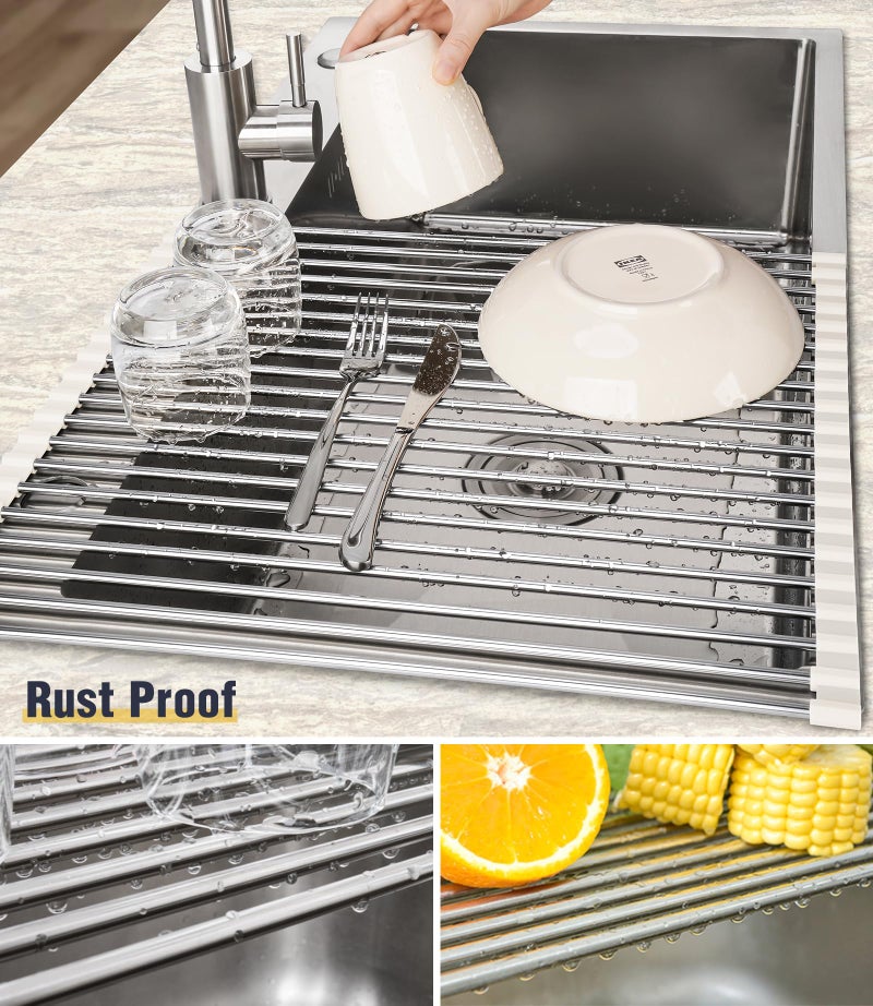 Tomorotec 17.7" x 15.5" Roll Up Dish Drying Rack Over Sink Drying Rack Sink Cover Kitchen Sink Accessories Gadget Multipurpose Organizer Foldable Stainless Steel Drainer - Image 2