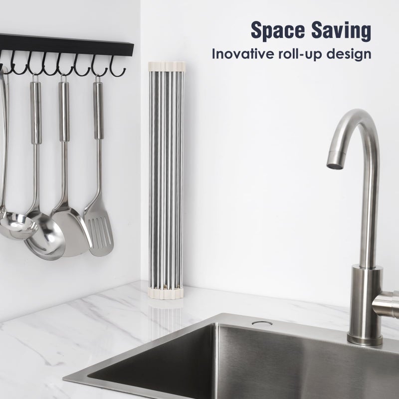 Tomorotec 17.7" x 15.5" Roll Up Dish Drying Rack Over Sink Drying Rack Sink Cover Kitchen Sink Accessories Gadget Multipurpose Organizer Foldable Stainless Steel Drainer - Image 3