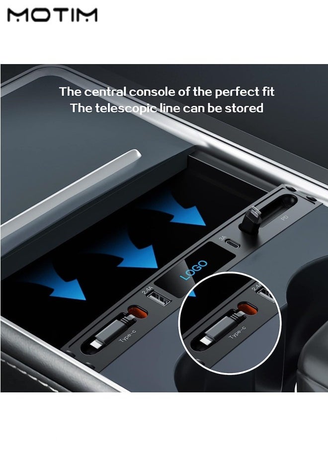 Motim - Retractable Car USB Charger Adapter for Tesla Model 3/Y, Multifunctional Tesla USB Hub with USB/Type-C/PD Fast Charging, Center Console Adapter Compatible with iPhone,Android,Pixel,iPad/iPod - Image 1