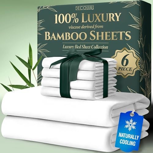 DECOLURE 100% Viscose Derived from Bamboo Sheets King Size 6pcs - Ultra Soft & Luxuriously Cooling, 17" Deep Pocket, Double Stitching, Perfect for Hot Sleepers - King Bed Sheets (White) - Image 1