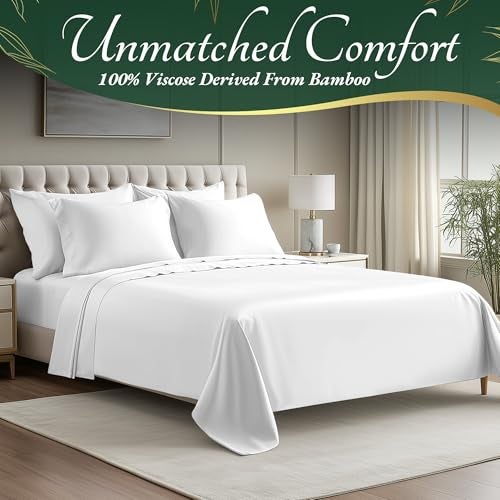 DECOLURE 100% Viscose Derived from Bamboo Sheets King Size 6pcs - Ultra Soft & Luxuriously Cooling, 17" Deep Pocket, Double Stitching, Perfect for Hot Sleepers - King Bed Sheets (White) - Image 2