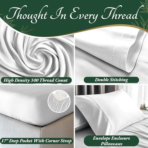 DECOLURE 100% Viscose Derived from Bamboo Sheets King Size 6pcs - Ultra Soft & Luxuriously Cooling, 17" Deep Pocket, Double Stitching, Perfect for Hot Sleepers - King Bed Sheets (White) - Image 3