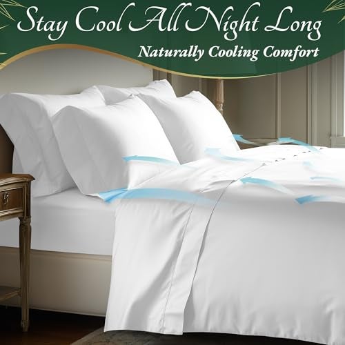 DECOLURE 100% Viscose Derived from Bamboo Sheets King Size 6pcs - Ultra Soft & Luxuriously Cooling, 17" Deep Pocket, Double Stitching, Perfect for Hot Sleepers - King Bed Sheets (White) - Image 4