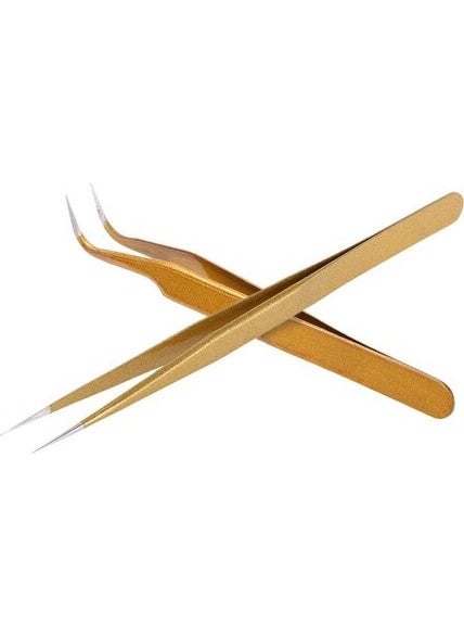 Sinka - Professional Silk Eyelash and Epilation Tweezers Set of 2 Straight and Curved Gold - Image 1