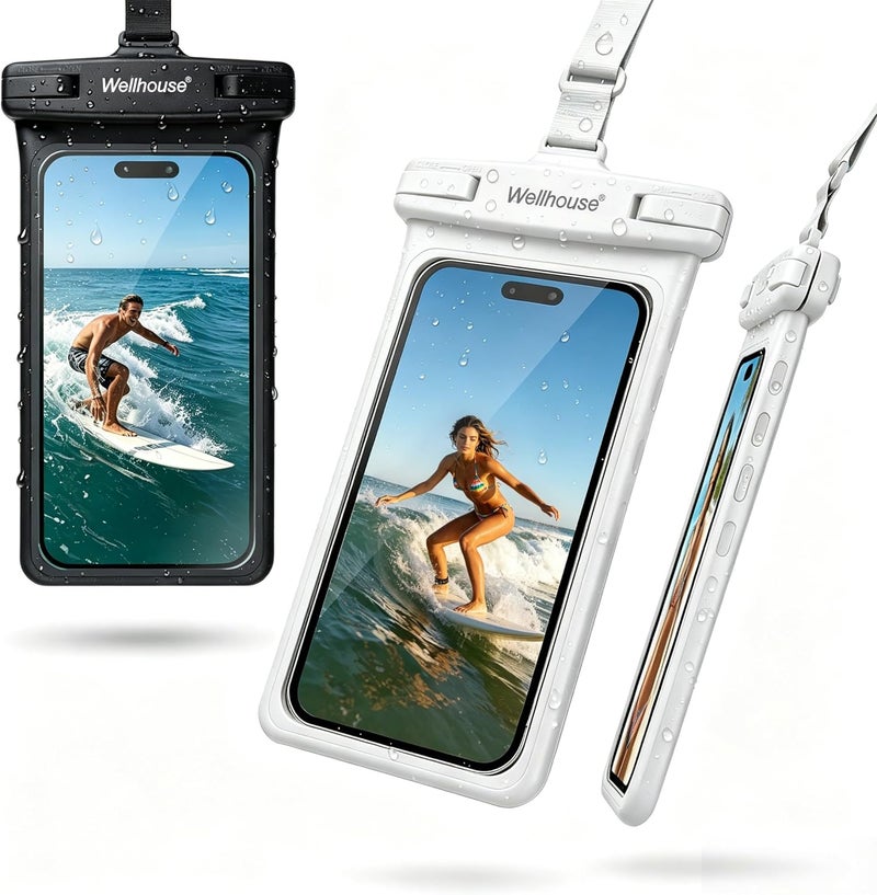 ويلهاوس عبوة مزدوجة من من حقيبة هاتف مقاومة للماء لأجهزة iPhone 15 14 13 12 Pro Max XS Samsung IPX8 حقيبة ثلاثية الأبعاد مقاومة للماء للهواتف المحمولة، أساسيات الشاطئ أسود+أبيض 7 بوصة - Image 1