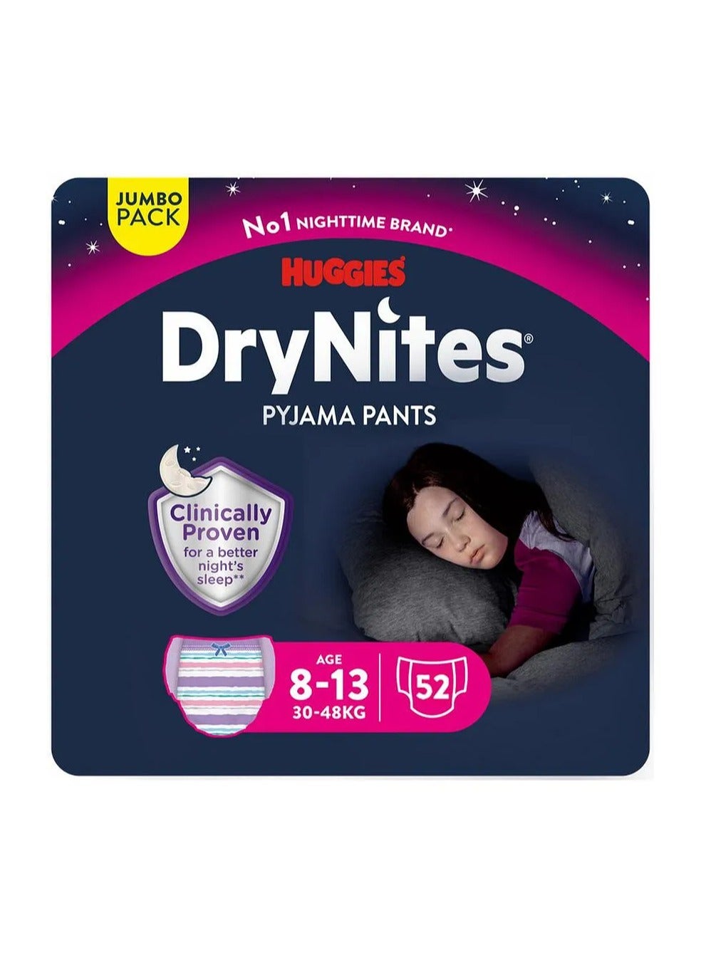 Huggies DryNites Pyjama Pants Teen, 52 Pieces Jumbo Pack, For Girls Age 8-13, 30-48kg - Night-Time Protection, Super Absorbent, 5 Layers, Leak Free