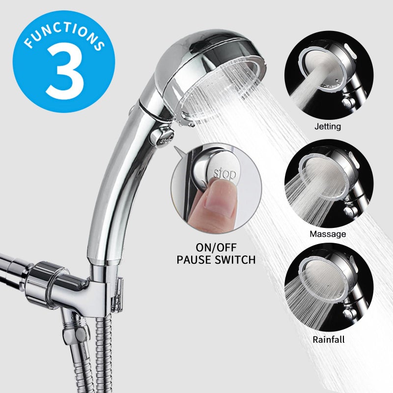 KAIYING Chrome High Pressure Handheld Shower Head with ON/OFF Pause Switch, 3 Spray Modes Shower Wand with Shut Off Button, Removable Camper Shower Head with Hose and Adjustable Angle Bracket - Image 2