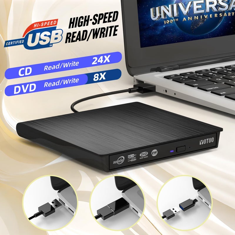 YOTUO External CD/DVD Drive, Portable USB 3.0 & USB-C CD RW Drive, DVD Player, DVD Burner for Laptop, Desktop, Compatible with Windows 7/8/10/11, Mac, MacBook Pro/Air, Linux (IDD029-2) - Image 3