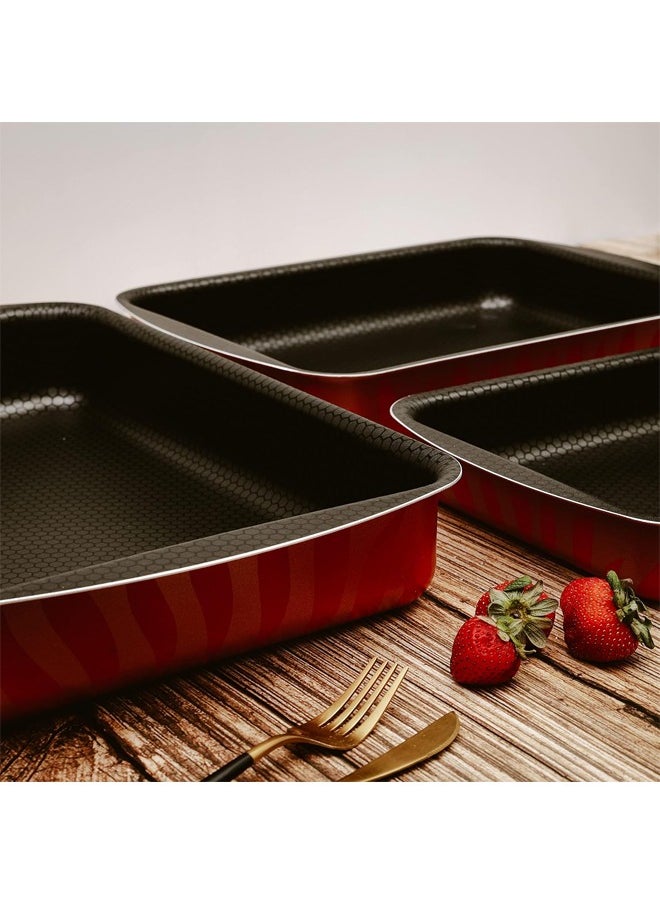 A set of 3-piece rectangular oven trays for bread and pizza, high thickness, heat-resistant and non-stick (25-30-35) cm