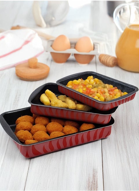A set of 3-piece rectangular oven trays for bread and pizza, high thickness, heat-resistant and non-stick (25-30-35) cm