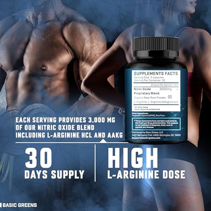 BASIC GREENS L-Arginine 3000mg Nitric Oxide Supplement for Men and Women – Non-GMO Vegan Capsules with Beet Root for Circulation, Endurance, Energy, Stamina, Performance and Workout – 90 Caps - Image 3