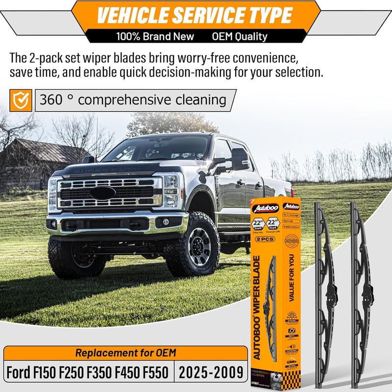 AUTOBOO 22"+22"Windshield Wipers Replacement for Ford F150 F250 F350 F450 F550 2021 2020 2019 2018 2017 2016 2015 2014 2013 2012 2011 2010 2009 -Original Factory Quality Wiper Blades (Pack of 2) - Image 2