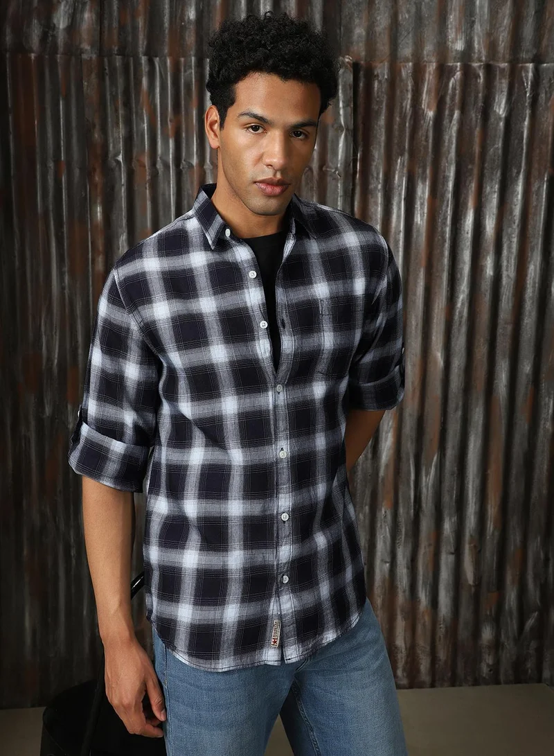 HIGH STAR Men's Multicoloured 100% Cotton Checkered Button Down Shirt