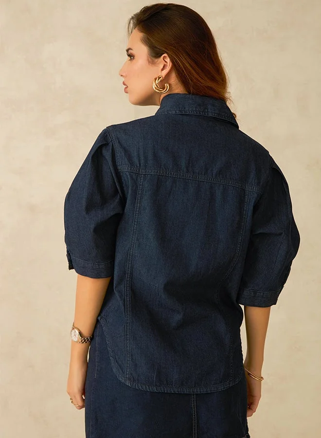 Virgio Dark Blue Solid Cotton Denim Shirt With Pleated Sleeves for Women for Women | Best Price UAE