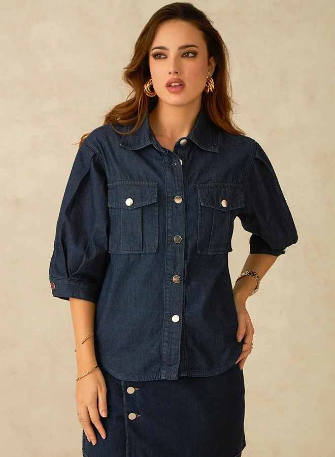 Virgio Dark Blue Solid Cotton Denim Shirt With Pleated Sleeves for Women for Women | Best Price UAE