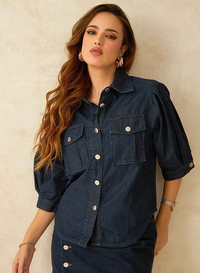 Solid Cotton Denim Shirt With Pleated Sleeves for Women