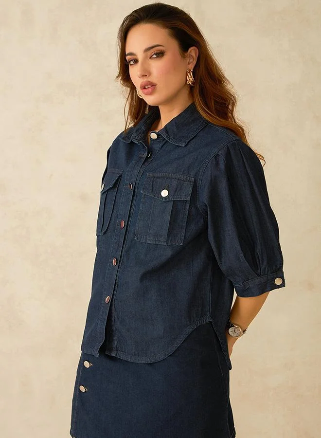 Virgio Dark Blue Solid Cotton Denim Shirt With Pleated Sleeves for Women for Women | Best Price UAE