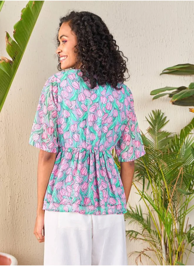 SASSAFRAS Tulip Print Wrap Peplum Top by Styli