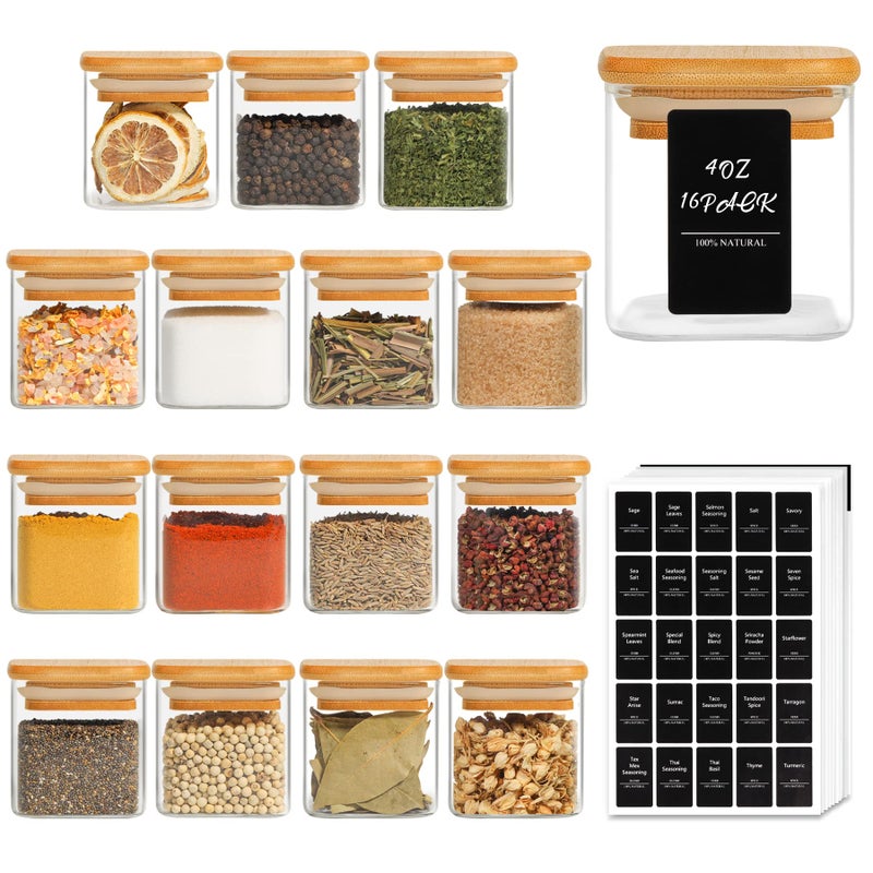 ComSaf 16Pcs Glass Spice Jars with Bamboo Lid  4oz Airtight Square Spice Containers with 275 Black Lables  Empty Seasoning Jars for Spice Salt Sugar - Image 1