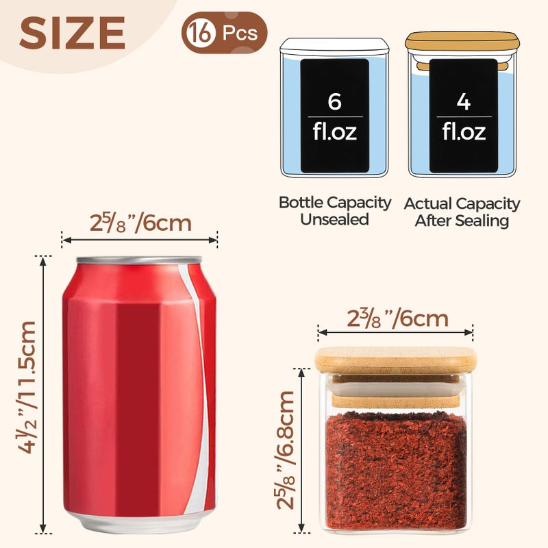 ComSaf 16Pcs Glass Spice Jars with Bamboo Lid  4oz Airtight Square Spice Containers with 275 Black Lables  Empty Seasoning Jars for Spice Salt Sugar - Image 3