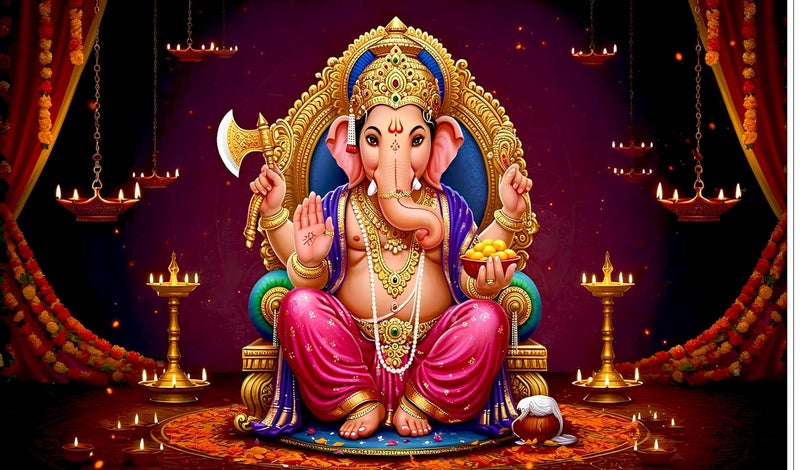 Backdropon تصميم غانيشجي لتزيين البوجا خاصة لمهرجان غانيشا ستارة خلفية تقليدية/قماش للمهرجان بحجم 5 أقدام ارتفاع و8 أقدام عرض (5 * 8) - Image 1