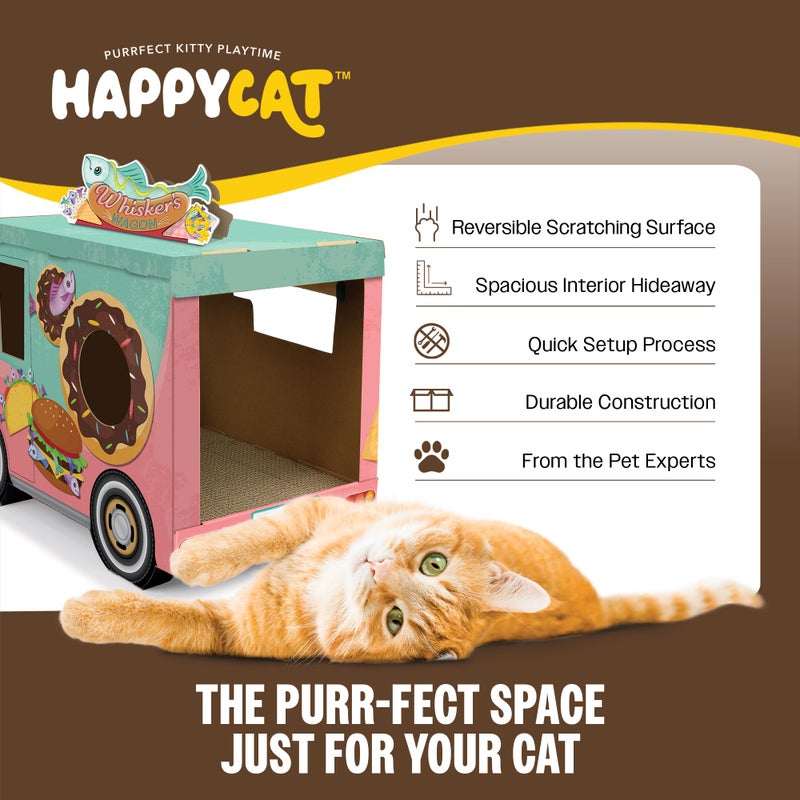 HAPPY CAT HappyCat Whiskerâ€™s Wagon Cat Scratcher House - Vintage Cardboard Cat Playhouse with Scratch Panels & Spacious Hideaway. Cute Pet Toys - Durable Activity Center for Indoor Cats - Image 2