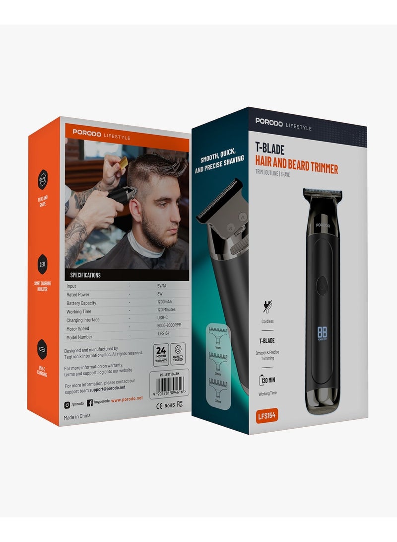 porodo T-Blade Hair and Beard Trimmer /  Cordless Operation / Adjustable Blade Sizes, Smooth & Precise Trimming / Beard Shaver, Hair Clippers / Trim, Outline, and Shave Rechargeable Hair & Beard Trimmer - Black - Image 5