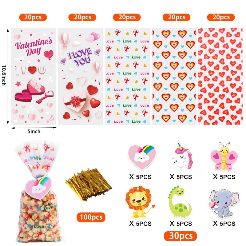 JQAQJU 100PCS Valentines Treat Bags with Valentine Cards for Valentines Day Cellophane Gift Bags for Goodie Candy Class Party Favors with 30 Gift Tags & 100 PCS Twist Ties - Image 4