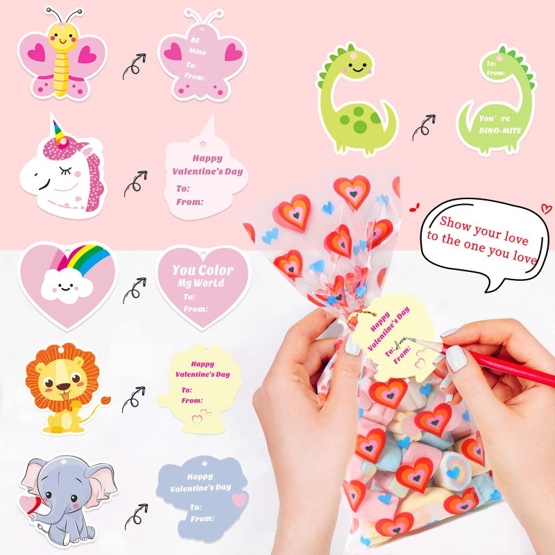 JQAQJU 100PCS Valentines Treat Bags with Valentine Cards for Valentines Day Cellophane Gift Bags for Goodie Candy Class Party Favors with 30 Gift Tags & 100 PCS Twist Ties - Image 2