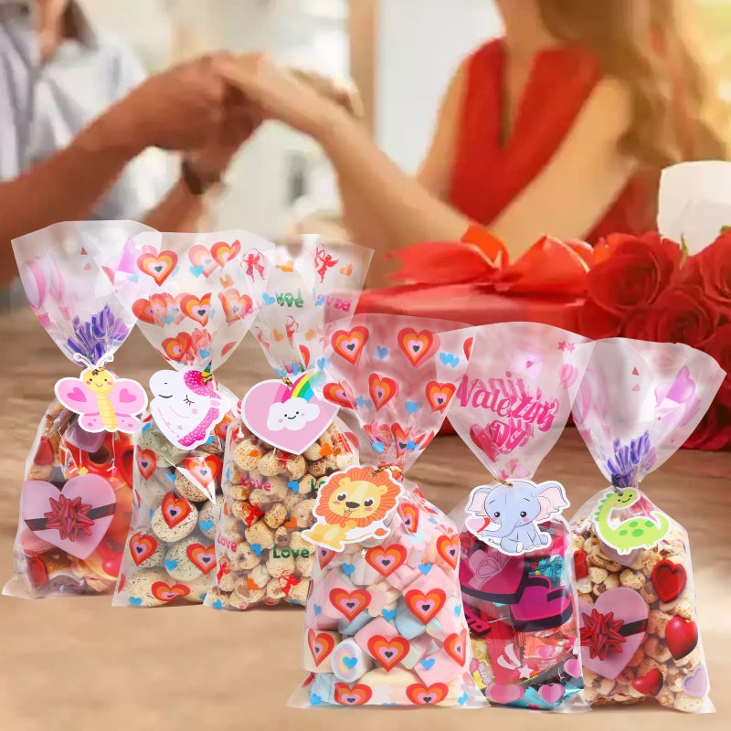 JQAQJU 100PCS Valentines Treat Bags with Valentine Cards for Valentines Day Cellophane Gift Bags for Goodie Candy Class Party Favors with 30 Gift Tags & 100 PCS Twist Ties - Image 5