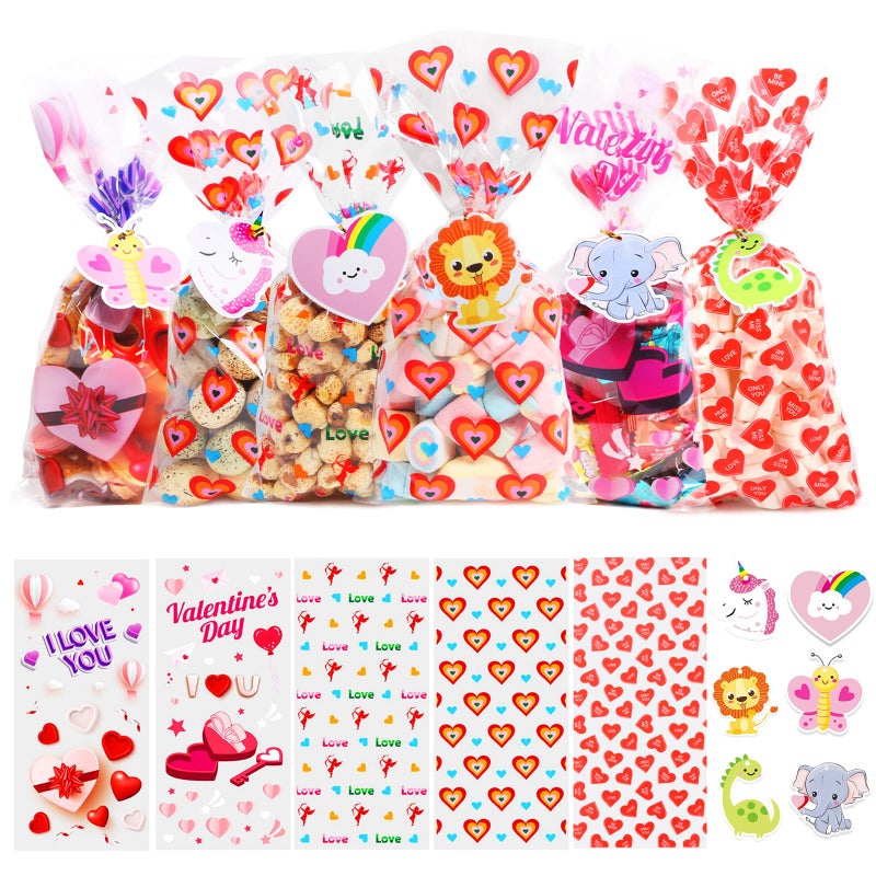 JQAQJU 100PCS Valentines Treat Bags with Valentine Cards for Valentines Day Cellophane Gift Bags for Goodie Candy Class Party Favors with 30 Gift Tags & 100 PCS Twist Ties - Image 1